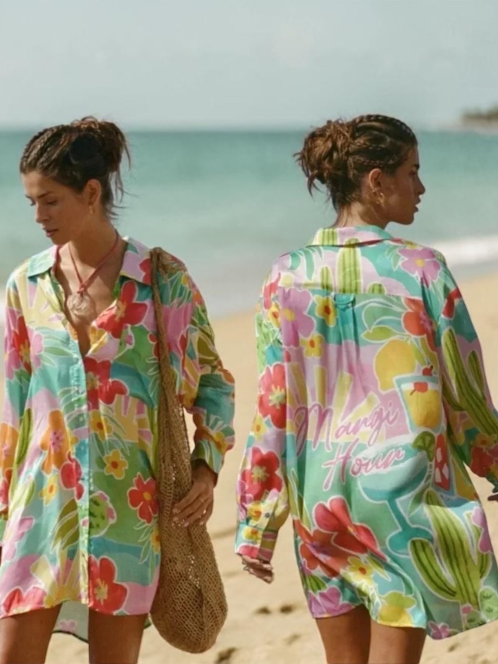 New Spell x Free People Floral Tutti Fruitti XS Pink Oversized Button Shirtdress